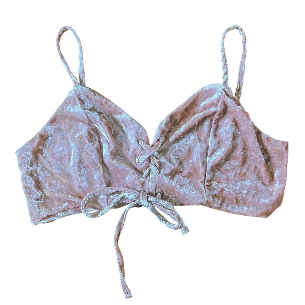 Romwe Fairy Y2K Pink Crushed Velvet Lace Up Crop Top | L